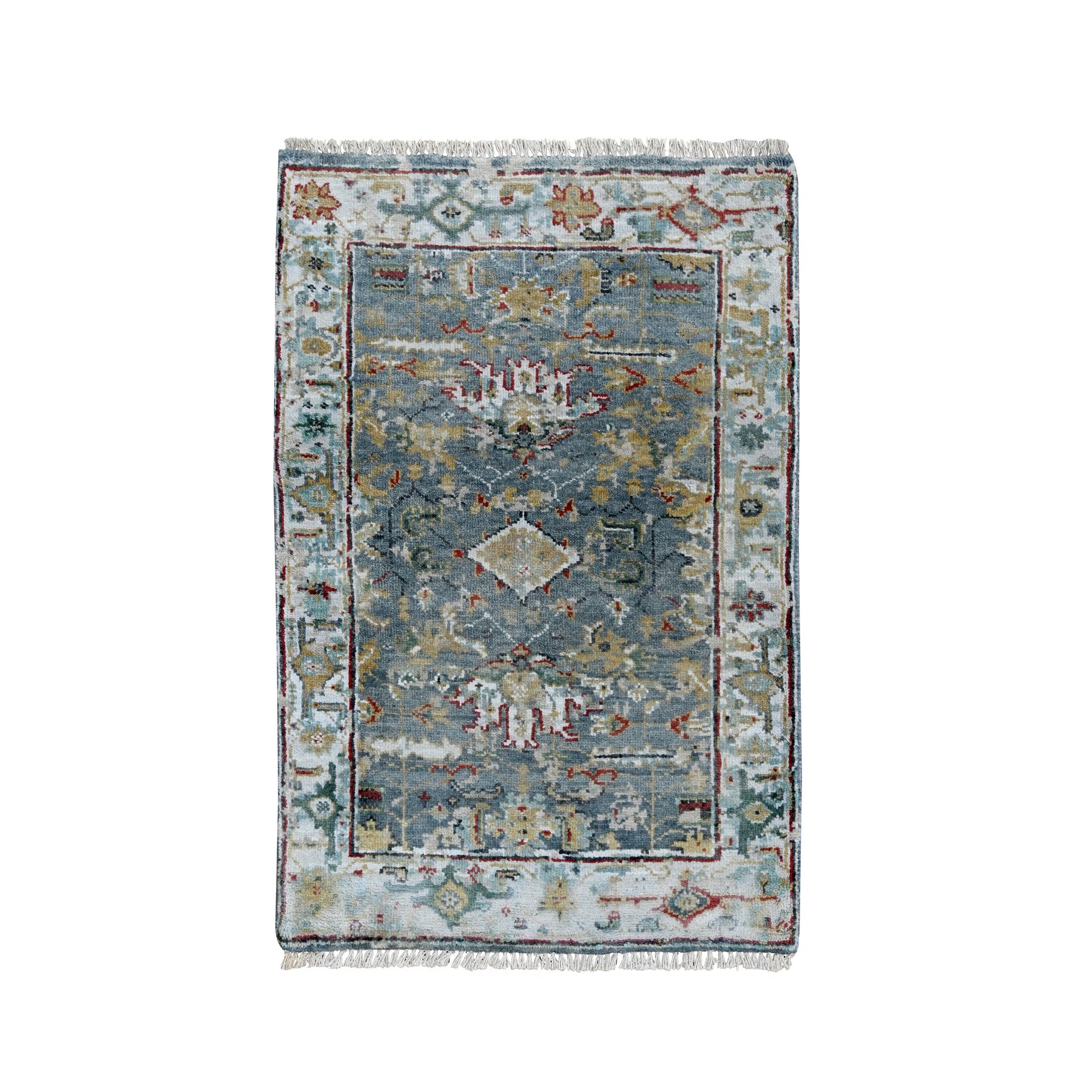 Marengo Gray, Hand Knotted, Broken and Erased Persian Heriz All Over Design with Soft Color Palette, Dense Weave, Natural Wool, Mat, Oriental Rug